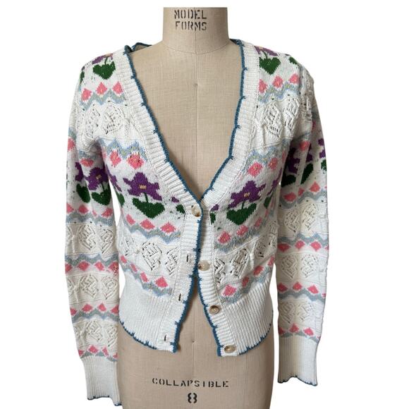 Women's V-Neck Pastel Flower Knit White Cardigan Size Medium - Picture 1 of 5